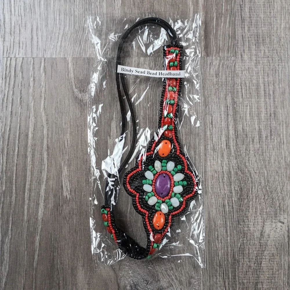 Sead Beaded Headband Elastic Bindy Black Colorful Vtg Statement Boho Southern